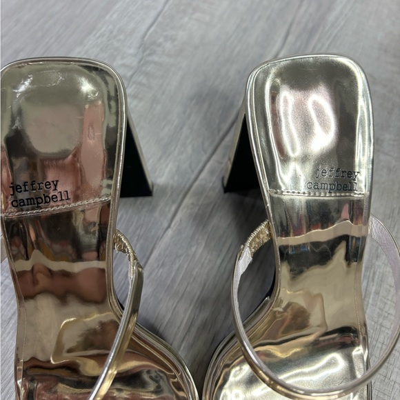 Jeffrey Campbell Hustler Platform Sandal Sz 9.5 Square Toe High Block Heel Gold - Picture 6 of 11